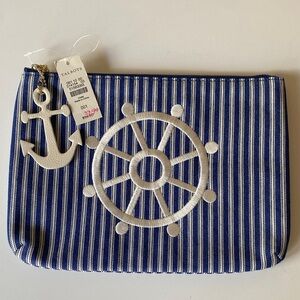 NWT Talbots blue & white stripe denim pouch with nautical embroidery